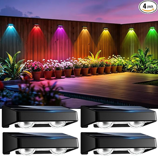 Solar Fence Lights Outdoor, 4 Pack Color Changing Fence Lights Solar Powered with 9 RGB Colors & 11 Lighting Modes, IP65 Waterproof Dusk to Dawn Fence Lights for Patio, Deck, Wall, Backyard