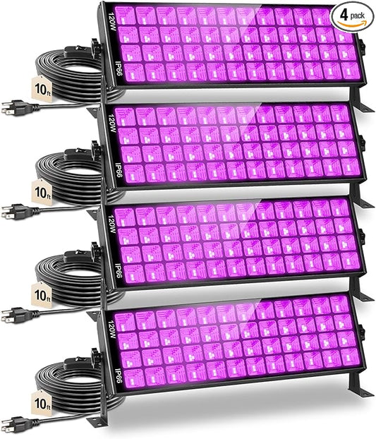 YQNLIFA 120W Waterproof LED Black Lights, 4 Pack Black Light Bar with 10Ft Cable and On/Off Switch, IP66 Indoor/Outdoor Blacklight for Neon Glow Party, Body Paint, Fluorescent Reactive, Back Yard