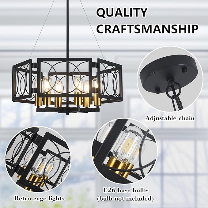 Modern Farmhouse Chandelier- 22.8" Large Pendant Light Fixture Vintage Industrial Metal Light for Dining Room Living Room Kitchen Island Foyer (Black Gold, 6 Lights)