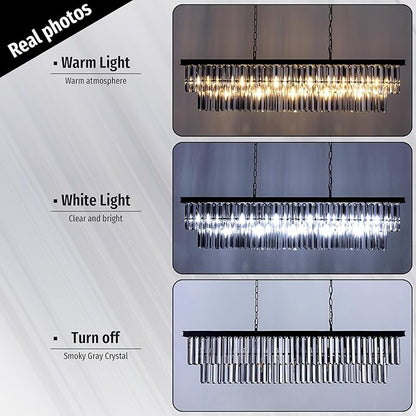 Wellmet Crystal Chandelier 47 inch, 11-Light Modern Smoke Grey Rectangular Crystal Chandelier Ceiling Hanging, Linear Chandeliers Light Fixture for Living Room, Dining Room, Bedroom, Kitchen Island