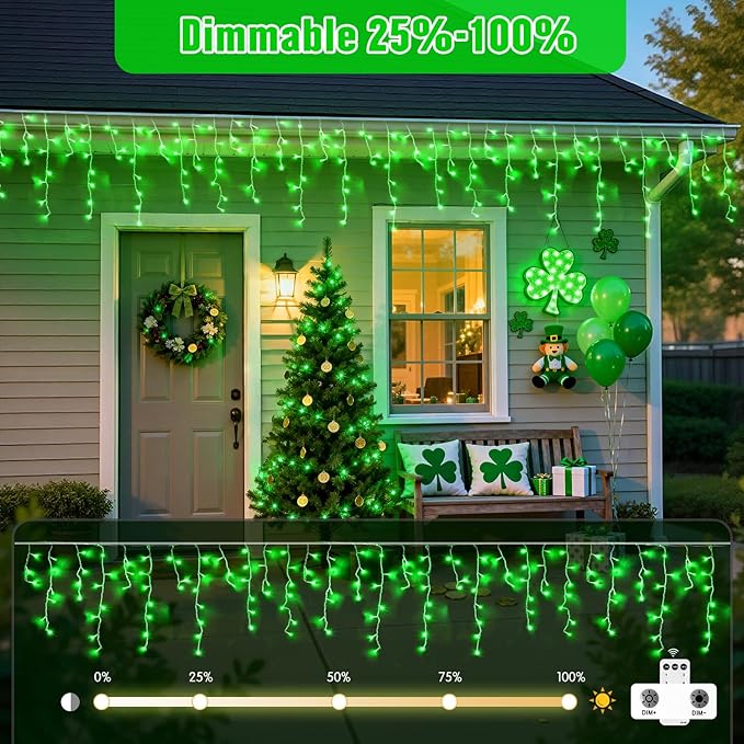 JMEXSUSS 400 LED 38.8F Green Icicle Lights for St Patrick's Day, Green Christmas Lights Indoor Outdoor, String Icicle Light for St Patrick House Fireplace Party Yard Decoration