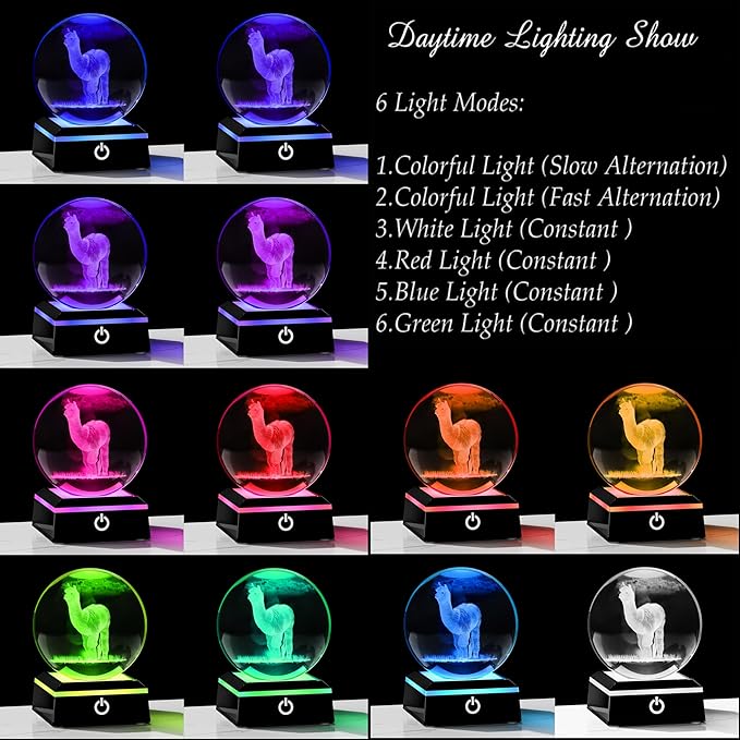 Llama Gifts for Women 3D Crystal Ball with 7-Color Changing Base - Llama Stuff Statue Home Decor - Glass Llama Figurine for Shelf Desk Office or Bedroom