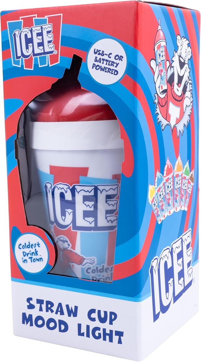 Fizz Creations ICEE Straw Cup Mood Light – 9" Tall LED Night Light, Officially Licensed Merchandise, Retro Red & Blue Design, USB-Powered, Fun & Functional Home Décor.