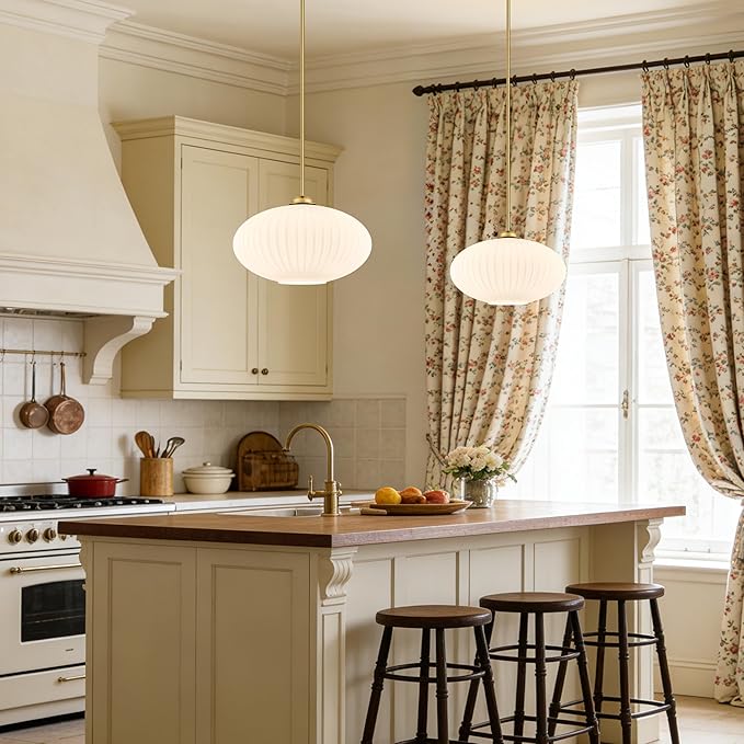 10" Milky White Glass Modern Pendant Light Kitchen Island 2 Pack Brushed Gold Mid Century Modern Pendant Lighting with Frosted Glass Hanging Pendants Light for Bedroom（Bulb Incl.