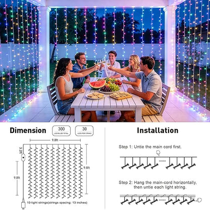 JMEXSUSS RGB Curtain Lights, 300 LED 9.8×9.8FT, Color Changing String Lights with APP & Remote Control, 16 Million Colors, IP44 Waterproof, Holiday Lights for Bedroom Party Wedding 4th of July Decor