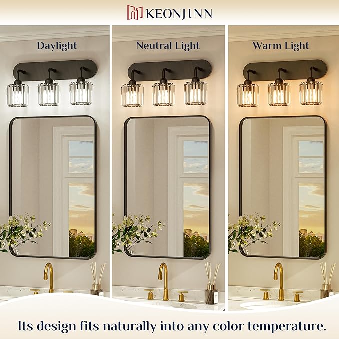 Keonjinn 5-Light Bathroom Light Fixtures, Crystal Black Bathroom Vanity Lights Over Mirror, Vanity Lighting Fixtures with Crystal Square Shades (E26 Socket, Exclude Bulb)