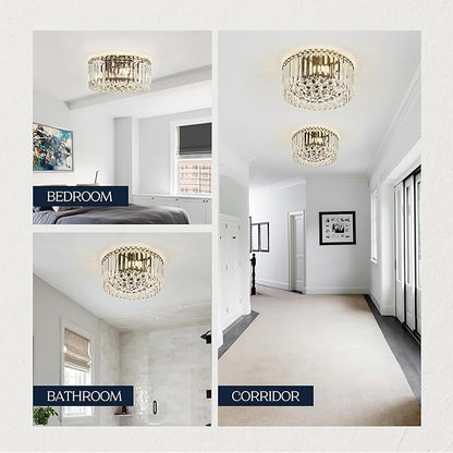 12.6" Black K9 Crystal Raindrop Flush Mount Ceiling Light, Modern Chandelier, Round Luxury Light Fixture for Dining Room, Bedroom, Hallway, Kitchen Island & Living Room