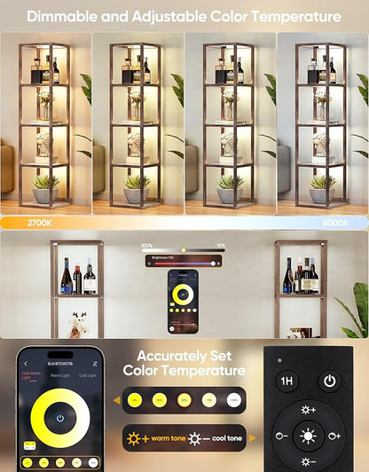 PARTPHONER Floor Lamp Glass Display Shelf with Remote/APP Control, Dimmable LED Floor Lamp with Shelves, Open Display Cabinet, Color Temp Control (2700K-6000K), Oak Gray