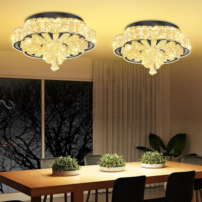 Modern Crystal Chandelier for Living Room 16in Black Crystal Raindrop Ceiling Light for Room Bedroom LED Dimmable 2700K-6000K