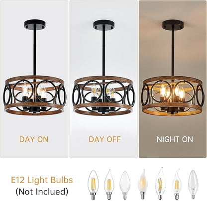 4-Light Farmhouse Drum Pendant Light,12.6'' Nature Wood Texture Vintage Rustic Chandeliers Black Metal Industrial Hanging Light Fixtures for Entryway, Bedroom Dining Room