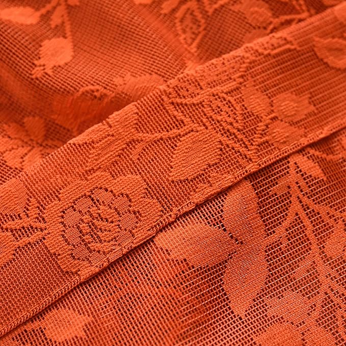 Burnt Orange Sheer Curtains 63 Inch Length for Bedroom 2 Panels Rustic Leaf Floral Scalloped Edge Vintage Rust Sheer Lace Curtains, Rod Pocket Privacy Window Lacy Curtain Drapes, 42 x 63 Inch
