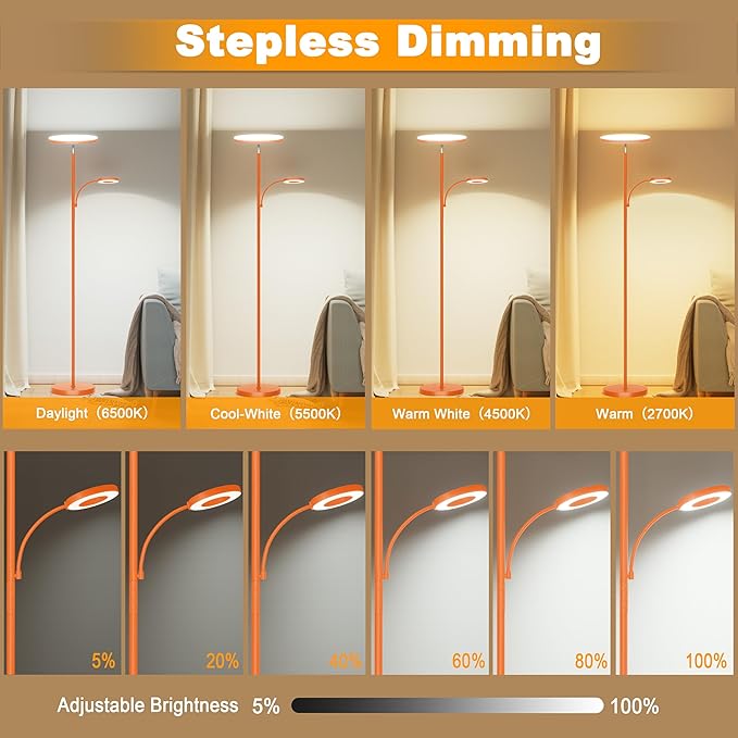 marctronic Orange Floor Lamp, 42W 4000LM Super Bright LED Lamp with Reading Light for Living Room Bedroom Office, Touch Control, Dimmable Standing Lamp with Remote