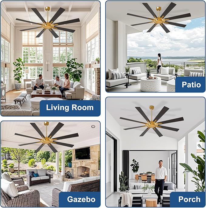 Large Ceiling Fan No Light: Modern 72 Inch 8 Blade Outdoor Ceiling Fans with Remote APP Control - Black Gold Big Fan without Light Indoor Reversible 6 Speed Quiet DC Motor
