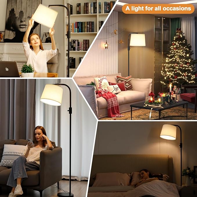 Ambimall Fully Dimmable Floor Lamp - Floor Lamps with 9W LED Bulb, Standing Lamps for Living Room with Adjust Head, Modern Standing Tall Light Rotary Switch for Office(Black and Beige)