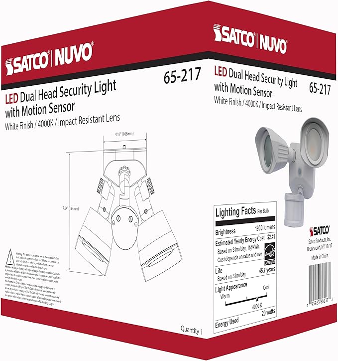 Nuvo 65/217 LED Dual-Head Security Light, 4000K, Motion Sensor, White