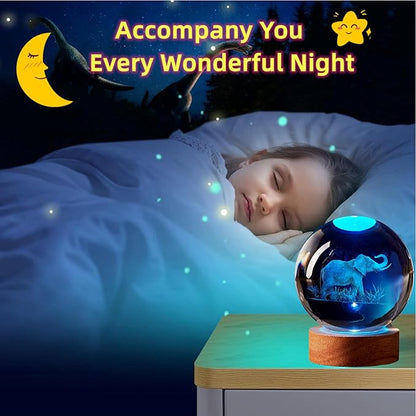 Elephant Crystal Ball Lamp, 3.15 inch, Night Light with Wooden LED Base, Glass Ball with USB, Remote Control, 16 Color Change, Gift Box