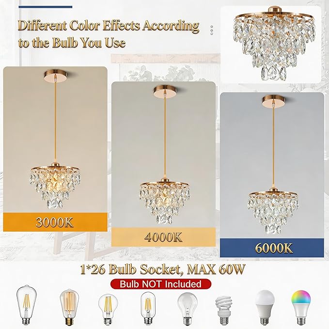 Mini Crystal Chandelier Small Modern Crystal Flush Mount Ceiling Light for Hallway Closet, E26 Base, K9 Crystal (Gold-Pendant)