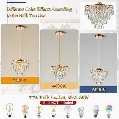 Mini Crystal Chandelier Small Modern Crystal Flush Mount Ceiling Light for Hallway Closet, E26 Base, K9 Crystal (Gold-Pendant)