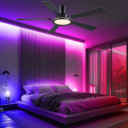 Ayaoty Ceiling Fans with Lights - 52in Flush Mount Ceiling Fan with RGB Dimmable, 3CCT 6 Wind Speeds and Reversible Quiet Motor, Low Profile RGB Fan Light for Modern Indoor, Party - Black RGB