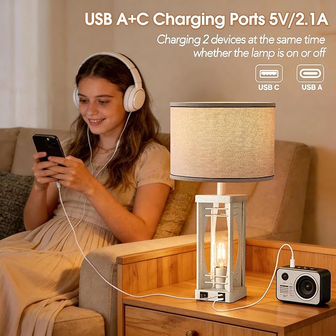 SRJJA Farmhouse Table Lamps Set of 2 for Living Room, Modern Industrial Bedside Lamps with USB A+C Charging Ports, 22.5" Dual Light Nightstand Lamp with Linen Shade for Bedroom End Tables