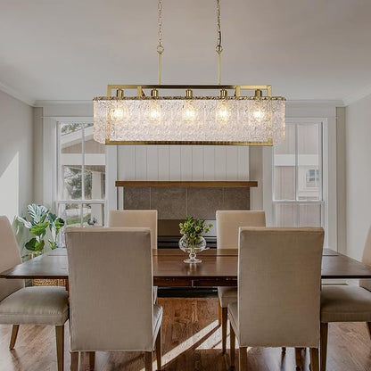 35.4" Gold Crystal Modern Chandelier for Dining Room, Chandeliers with Water Ripple Glass, Adjustable Chain Length,Luxury Rectangular Pendant Light Fixture for Kitchen Island Living Room