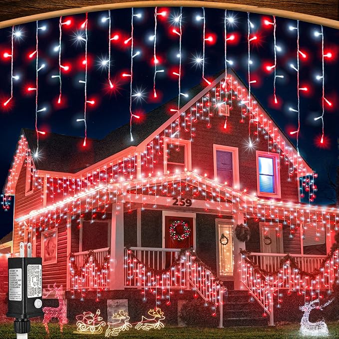 66ft Red and White Christmas Lights, 640 LED Icicle Lights for Outside, Clear Wire Connectable Twinkle Lights with 8 Modes Timer Waterproof for House Window Party Tree Holiday Patio Yard Home Decor