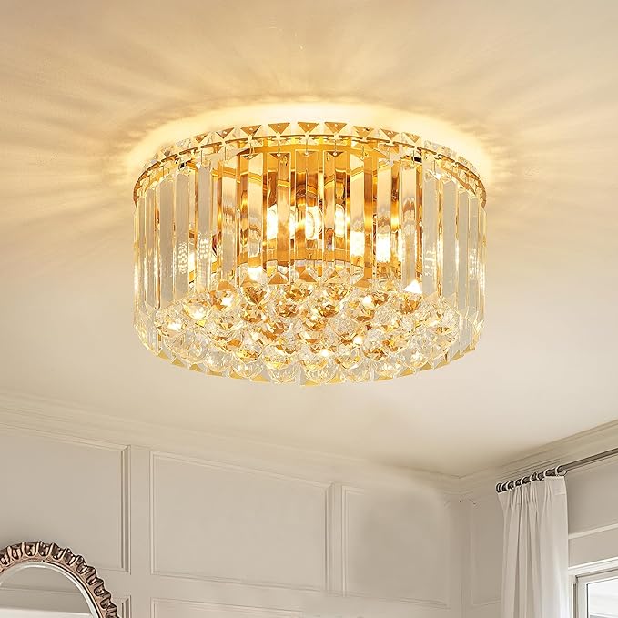 12.6" Gold K9 Crystal Raindrop Flush Mount Ceiling Light, Modern Chandelier, Round Luxury Light Fixture for Dining Room, Bedroom, Hallway, Kitchen Island & Living Room