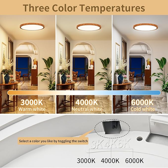 Light Fixtures Ceiling Mount: 12 Inch 24W Wood Grain LED Ceiling Light 3000K-4000K-6000K Selectable Flat Low Profile Round Ceiling Lights for Bedroom Laundry Closet Hallway - Walnut