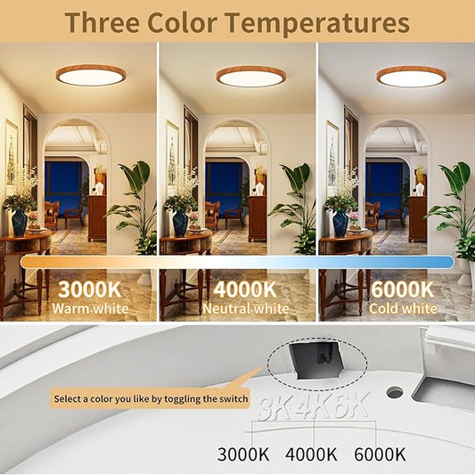 Light Fixtures Ceiling Mount: 12 Inch 24W Wood Grain LED Ceiling Light 3000K-4000K-6000K Selectable Flat Low Profile Round Ceiling Lights for Bedroom Laundry Closet Hallway - Walnut