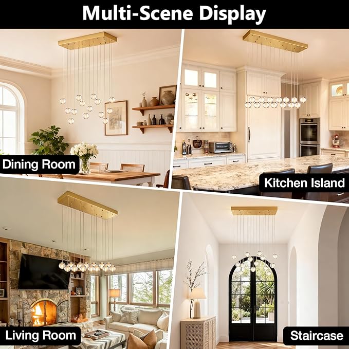 14 Lights Gold Raindrop Rectangle Chandelier, Modern Bubble Crystal Chandelier for Dining Room, Large Pendant Light for High Ceilings Staircase Foyer Entryway Living Room Kitchen Island
