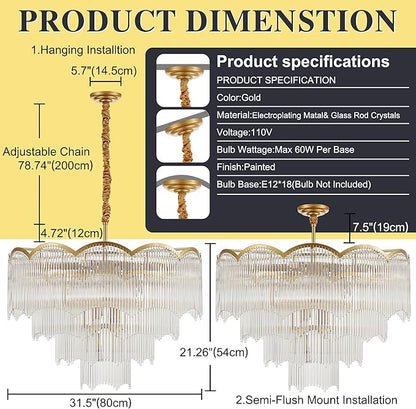 31.5" Gold Clear Glass Crystal Chandelier 18-Light Modern Crystal Pendant Ceiling Light Fixture 4-Tier Luxury Glass Chandeliers,for Dining Room Kitchen Island Living Room Bedroom