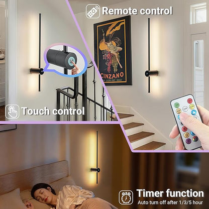 31.5 inch Battery Operated Wall Sconce Set Of 2, 10000mAh Rechargeable Wall Light With Remote Control, RGB Dimmable Wireless Sconces Wall Decor For Bedroom Living room Hallway, 360°Rotate, Black