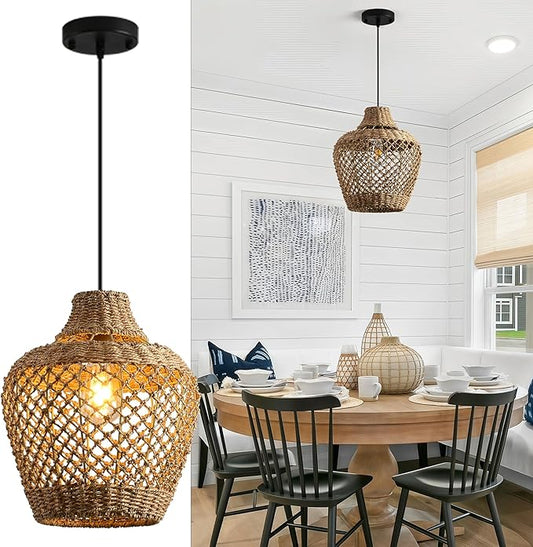 Brown Rattan Pendant Lights Kitchen Island 11.8in Boho Wicker Light Fixture Farmhouse Woven Chandelier Rustic Hanging Lighting for Bedroom Dining Room Restaurant Entryway Hallway Bar