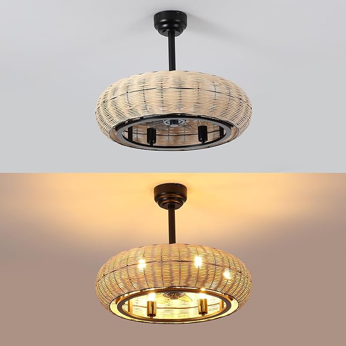 JONATHAN Y 23" Light Brown/Black 6-Light Modern Bohemian Ceiling Fan with Lights, 6-Speed Remote and App Control, Height Adjustable LED Lantern with Dark Brown Rattan Shade for Living Room (JYL9728B)