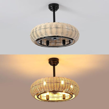 JONATHAN Y 23" Light Brown/Black 6-Light Modern Bohemian Ceiling Fan with Lights, 6-Speed Remote and App Control, Height Adjustable LED Lantern with Dark Brown Rattan Shade for Living Room (JYL9728B)