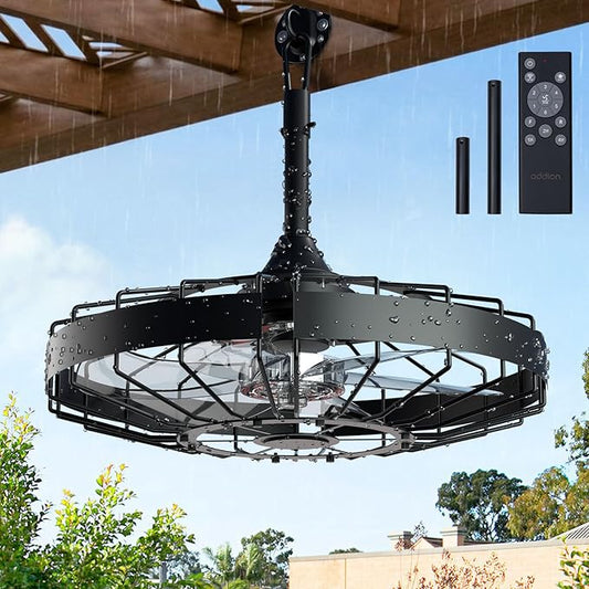 addlon 20 Inch Outdoor Ceiling Fan without Light, IP65 Waterproof Plug in Caged Hanging Fan, Remote Control, 6 Speeds Reversible Outdoor Fans for Patio, Gazebo, Pergola, Porch