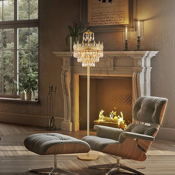 TOCHIC 3 Lights Gold Floor Lamp - Modern Farmhouse Crystal Standing Lamp, 66" Tall Adjustable Unique Chandelier for Bedroom, Living Room, Kids Room, Office, Corner