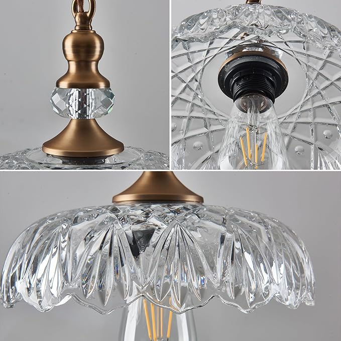 CVKASH Vintage Glass Pendant Light Fixture 2-Pack Brass Modern Adjustable Chandelier Farmhouse Hanging Ceiling Light for Hallway Porch Kitchen Bedroom Coffee Shop Dining Room