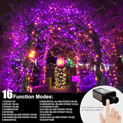 LAMPHOME 66ft Halloween Decorative Mini Lights, 200 LED Green Wire Fairy Starry String Lights Plug in, 16 Lighting Modes, for Halloween Decoration Outdoor Party Decoration (Orange and Purple)