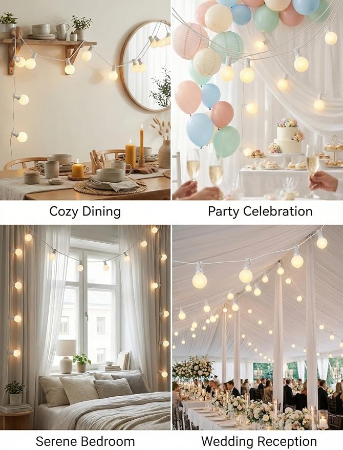 25Ft Outdoor White Frosted String Lights with 27 G40 Frosted Bulbs,E12 Socket base,Waterproof Connectable Hanging Lights for Backyard Wedding Porch Bistro Party Valentine's Day Decor,White Wire