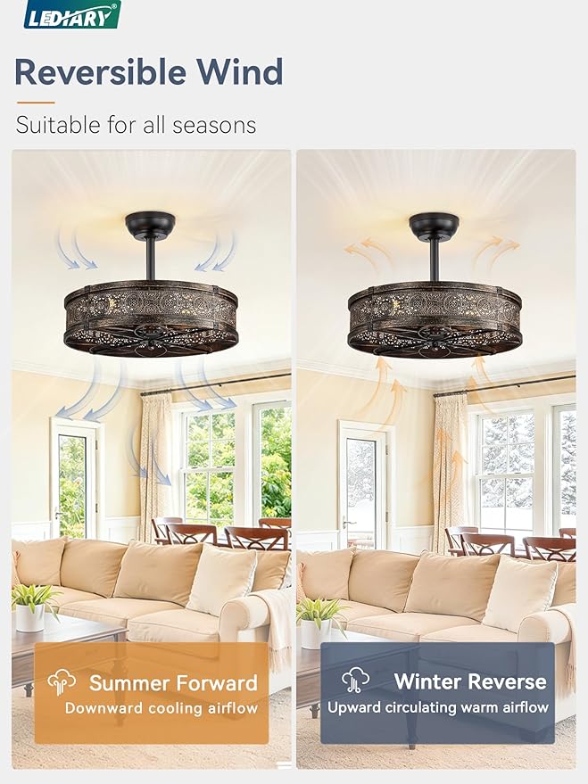 LEDIARY Farmhouse Chandelier Ceiling Fan with Light,20 Inch Black Gold Caged Enclosed Bladeless Fan Lights Ceiling Fixtures,Vintage Victorian Rustic Fandelier for Indoor,Kitchen,Bedroom,Living Room
