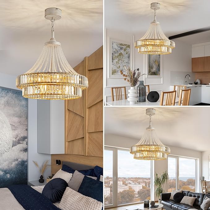 24" Modern Crystal Caged Fandelier, Smart Chandelier Fan with Remote and APP Control, Double Layer Ceiling Fan with Light for Dining Living Room Bedroom, Italian Design-White Gold