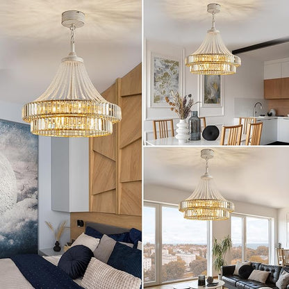 24" Modern Crystal Caged Fandelier, Smart Chandelier Fan with Remote and APP Control, Double Layer Ceiling Fan with Light for Dining Living Room Bedroom, Italian Design-White Gold