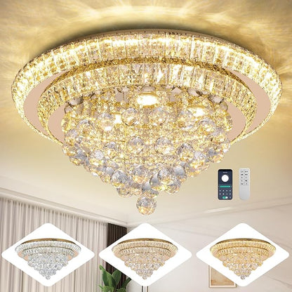 Miuyhji Large LED Crystal Raindrop Ceiling Light,Rose Gold, 24" Elegant Semi Flush Mount Chandelier Light Fixture with Remote Control for Living Room Kitchen Bedroom Hallway Entryway Foyer(Dimmable)