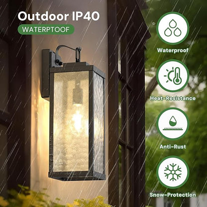 DORESshop Large Size Dusk to Dawn Outdoor Wall Lights, 16 Inch Matte Black Waterproof Anti-Rust Outdoor Light Fixtures Wall Mount with Water Ripple Glass Shade for Porch, Garage, ETL Listed, 2 Pack