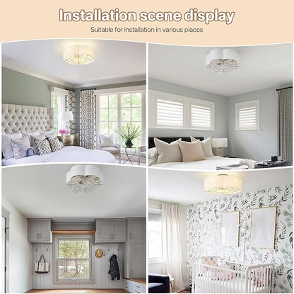 Caged Ceiling Fan with Lights, Flush Mount 20" Boho Ceiling Fans with Lights Remote Control, Low Profile Fabric Bladeless with 6 Speeds for Bedroom, Nursery, Kitchen