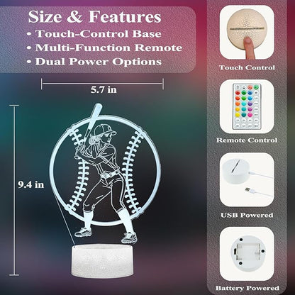 Baseball Gifts for Girls, Baseball Night Light, 3D Illusion Lamp with 16 Colors Changing, Timer, 4 Flash Modes and Dimmable, Accessories Stuff for Room Decoration, Kids Girls Holiday Xmas Gifts