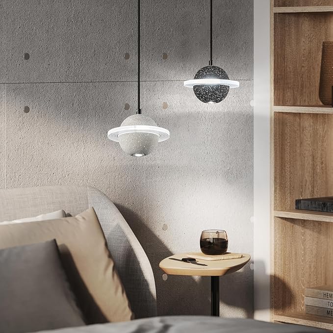 Modern LED Pendant Light Fixtures,Concrete Pendant Lights Kitchen Island, Planet Pendant Lighting Adjustable for Dining Living Room Bedroom Kitchen Island(Black 1-Pack)