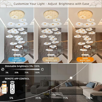 High Ceiling Chandeliers - 24-Light Luxury Gold Spiral Lotus Chandelier Modern Minimalist Dimmable Design for Grand Entrance, Staircase, Villa Dining Room