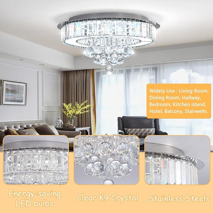 19.6" Silver Modern Crystal Chandeliers for Dining Room LED Dimmable Light Fixtures Flush Mount Light Living Room Bedrooms